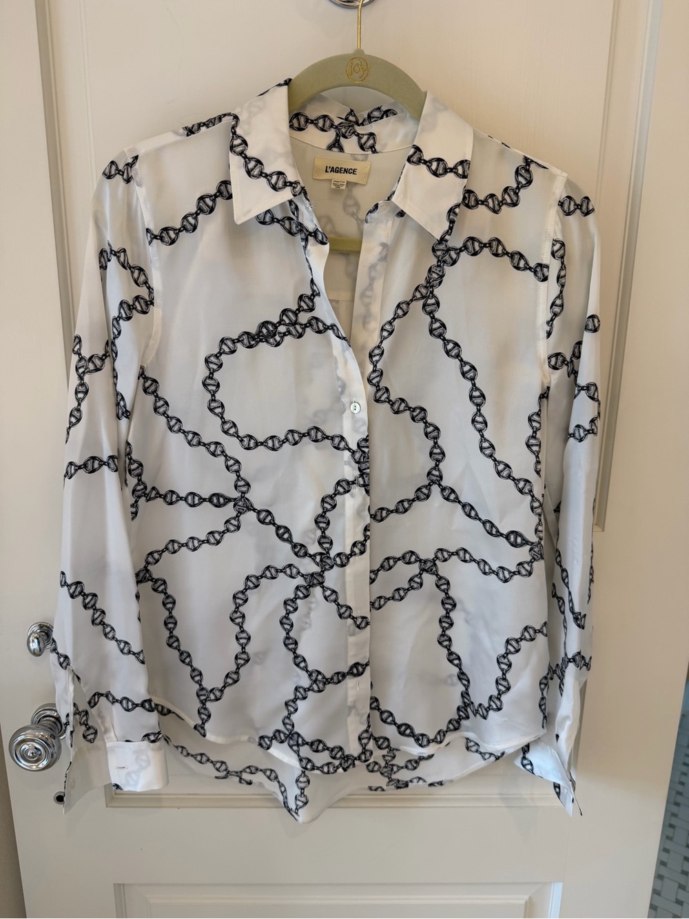 L'AGENCE White Silk-Blend Button-Down with Black Chain Print